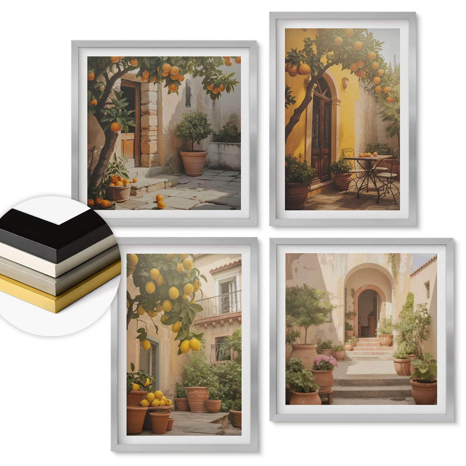WANDBILDER 4er Set - 50x50 cm & 40x60 cm Silberner Rahmen - Terrasse mit Zitrusbäumen - Silberfarben, Kunststoff (50/50cm) - ArtPrintCave