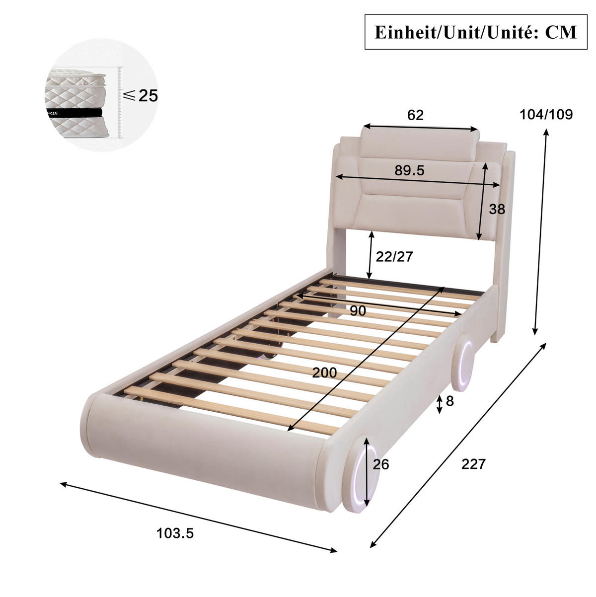 KINDER-POLSTERBETT aus Flanell 90x200 cm Beige im Auto-Design mit Lichtleisten - Beige, Textil (90/200cm) - Modfu