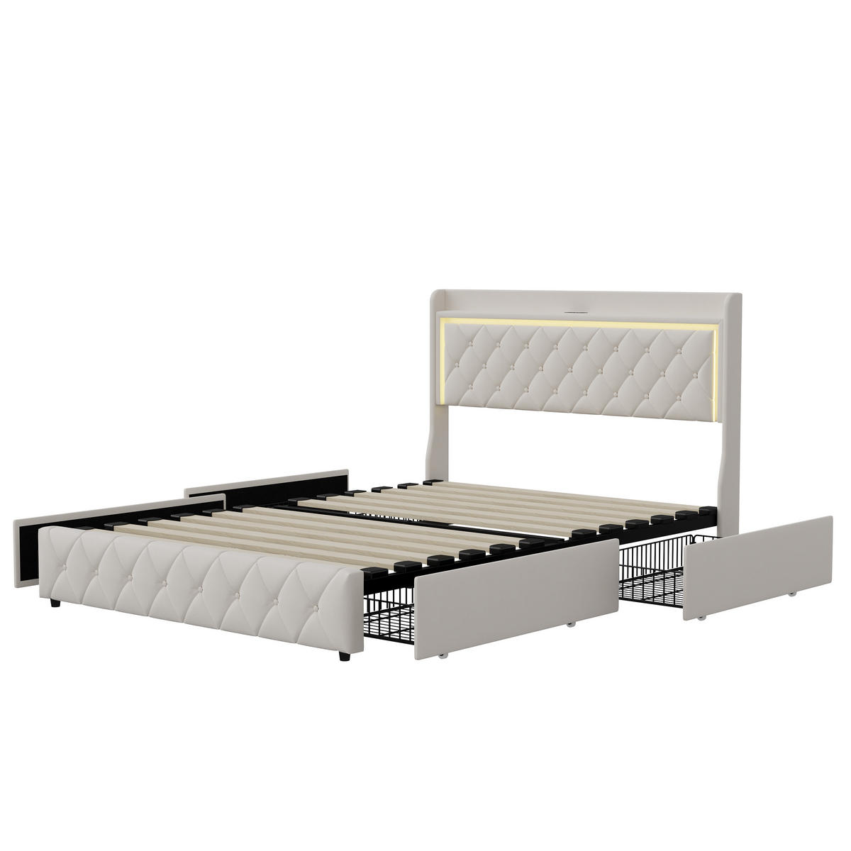 POLSTERBETT 140x200 cm LED USB Stauraum 4 Schubladen Lattenrost beige - Beige, Holz (140/200cm) - LEBENLANG