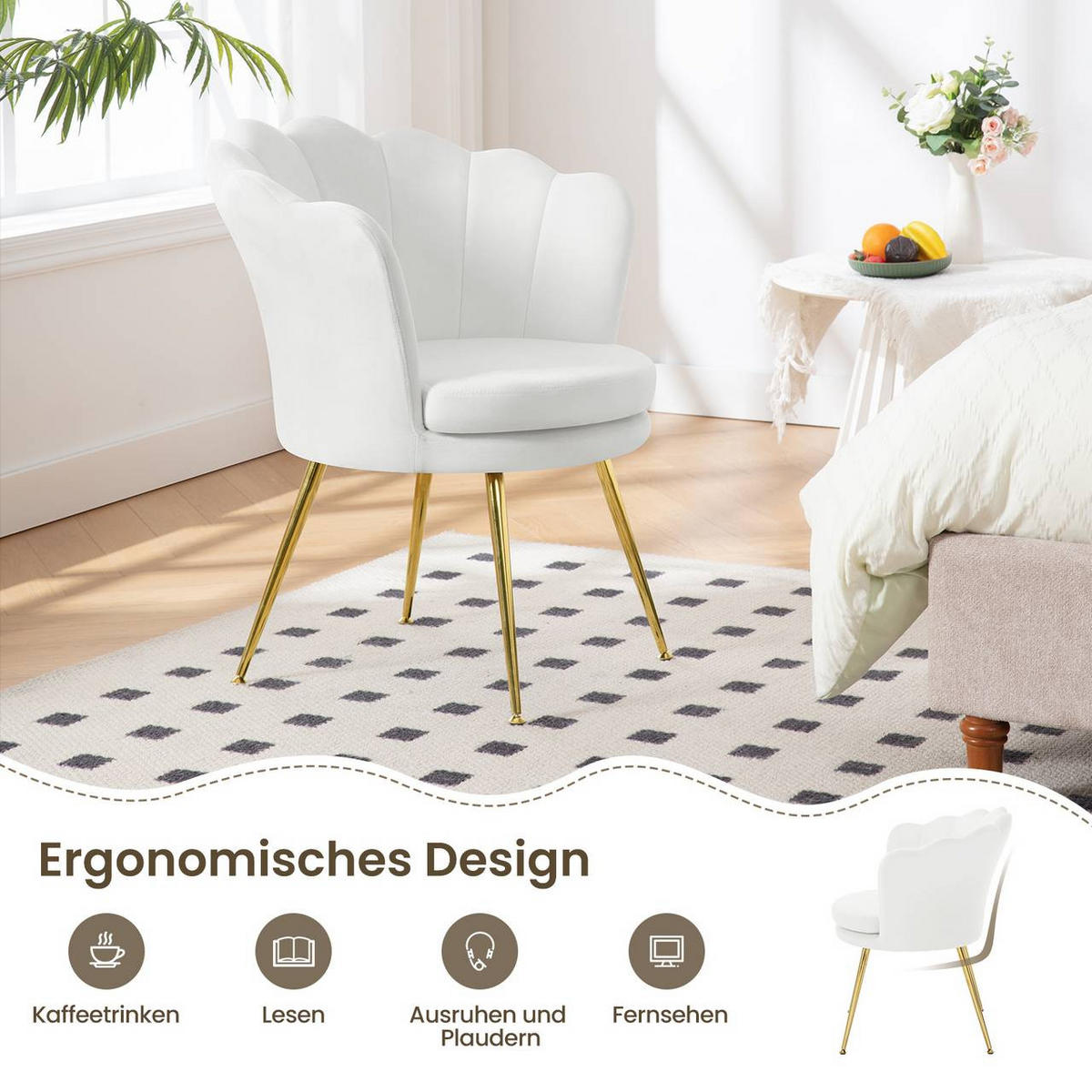 RELAXSESSEL Blumenform, Samtbezug, Weiß+Gold - Goldfarben/Weiß, Textil/Metall (68/75/62cm) - Woltu