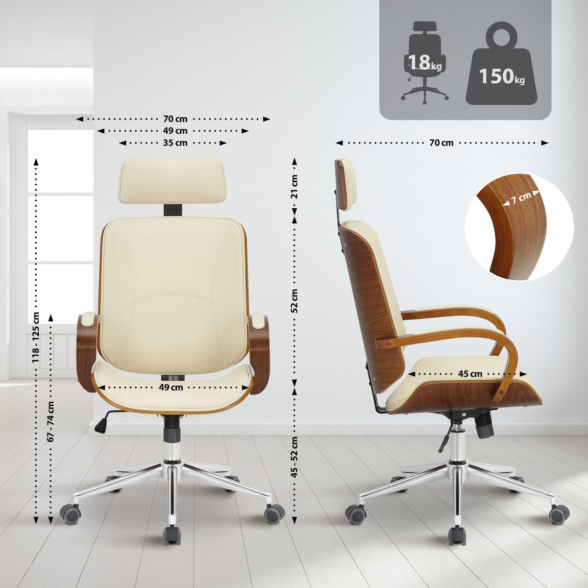 DREHSTUHL Lederlook Walnuss/Creme - Walnussfarben/Creme, Textil/Metall (70/118/70cm) - CLP