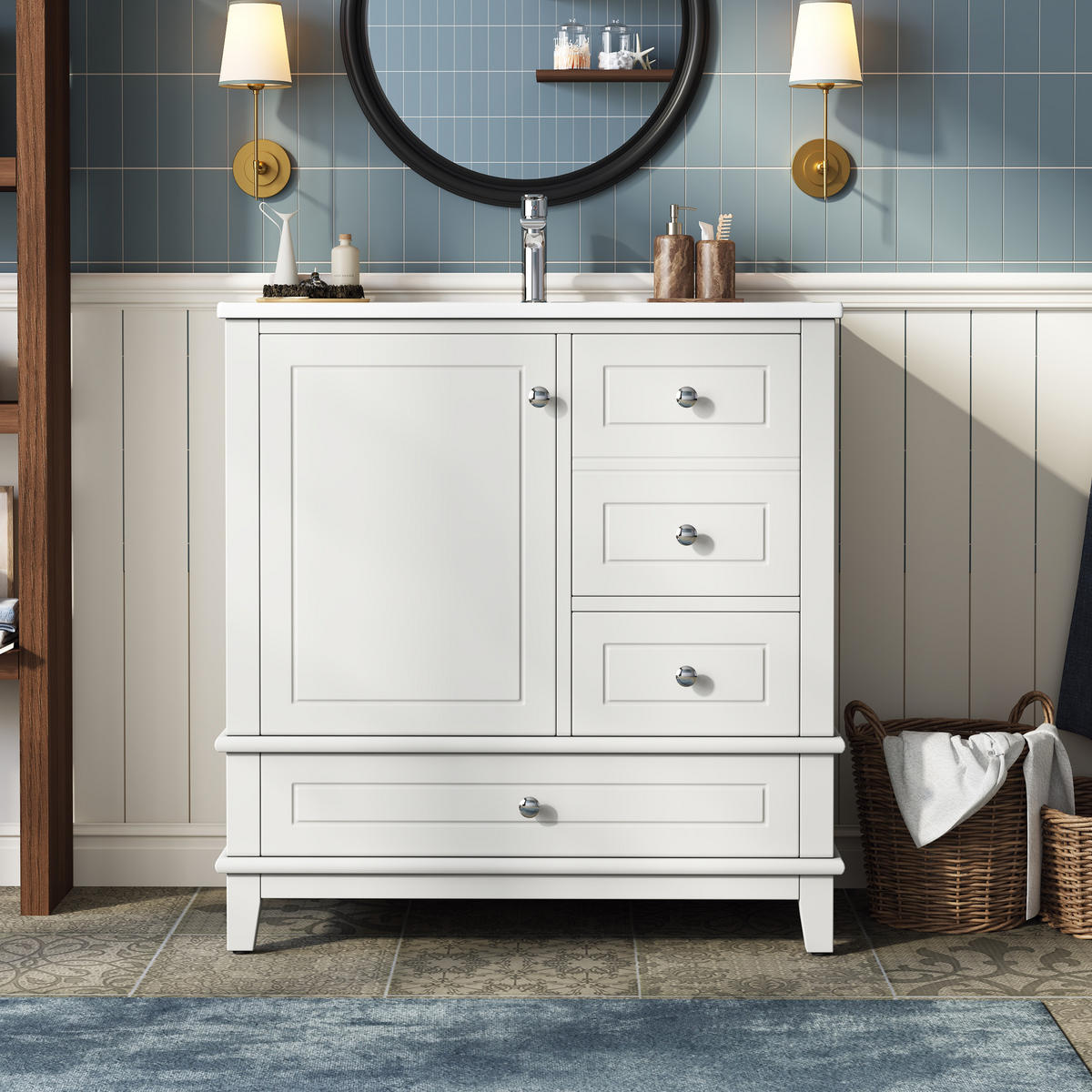 BADEZIMMERSCHRANK Weiß Lackiert 3 Schubladen Tür Stauraum 81cm - Weiß, Keramik (81/86/47cm) - FLIEKS