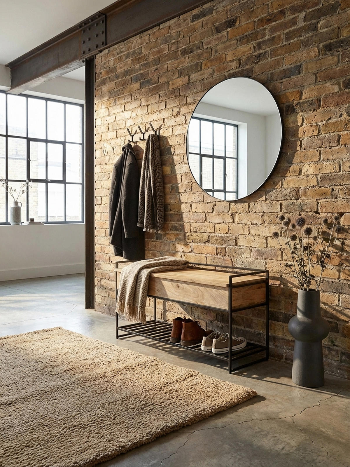 FLURBANK Holz Metall Sitzfläche hochklappbar, Beige 90x38x52 cm - Beige/Schwarz, Holz/Metall (90/52/38cm) - KADIMA DESIGN