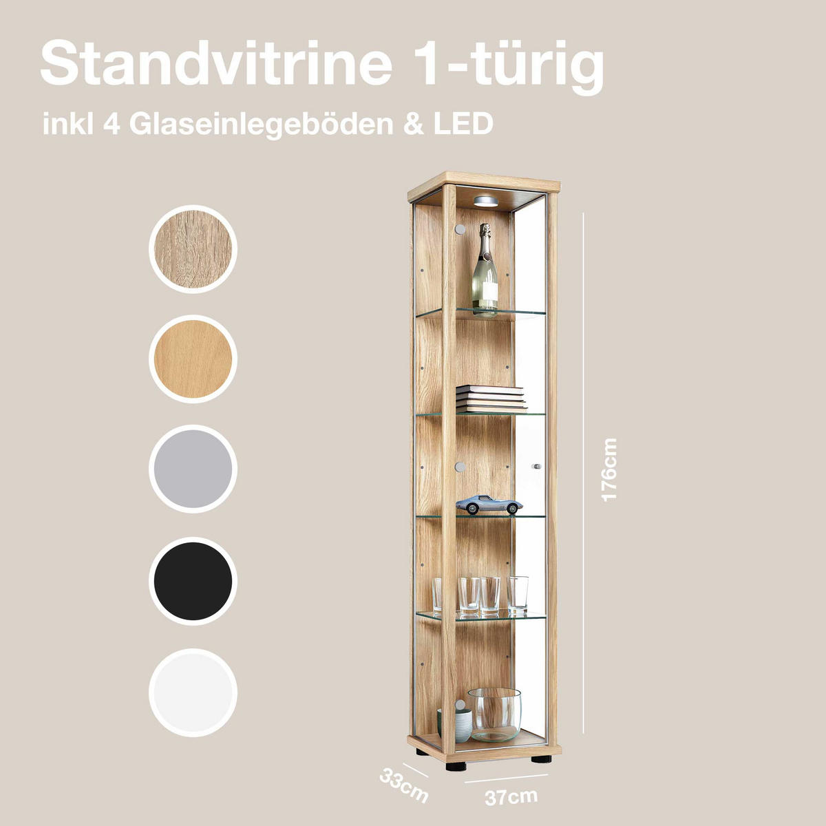 GLASVITRINE 33/37/176 cm mit LED & 4 höhenverstellbaren Glasböden - Transparent/Silberfarben, Glas/Holzwerkstoff (37/176/33cm) - K-Möbel