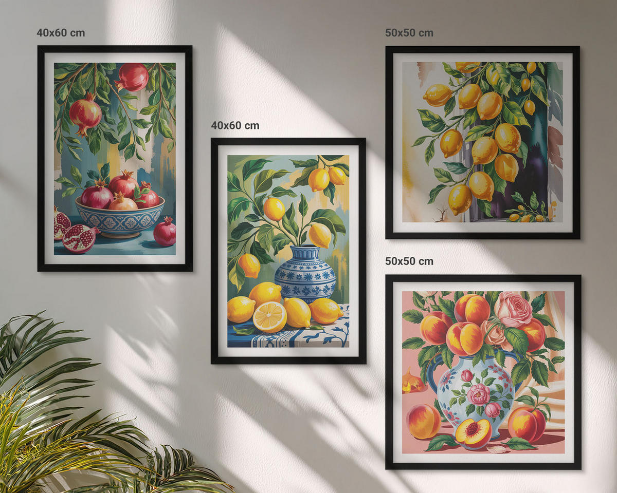 BILDER SET 4er Set - 50x50 cm & 40x60 cm Schwarzer Rahmen - Fruchtzusammensetzungen - Schwarz, Kunststoff (50/50cm) - TULUP
