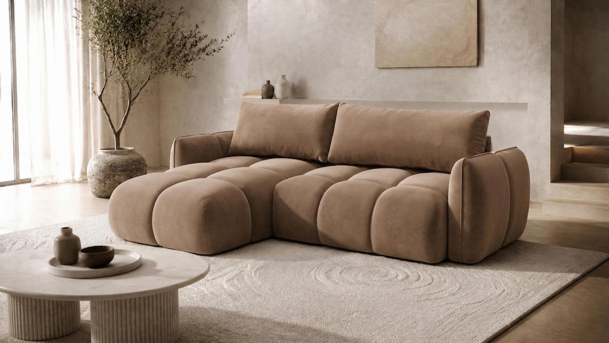 ECKSOFA L-Form Mit Schlaffunktion, Veloursstoff Bluvel, Latte, Links, BELVEDER L - Cappuccino, Holz (250/168cm) - Kaiser Möbel
