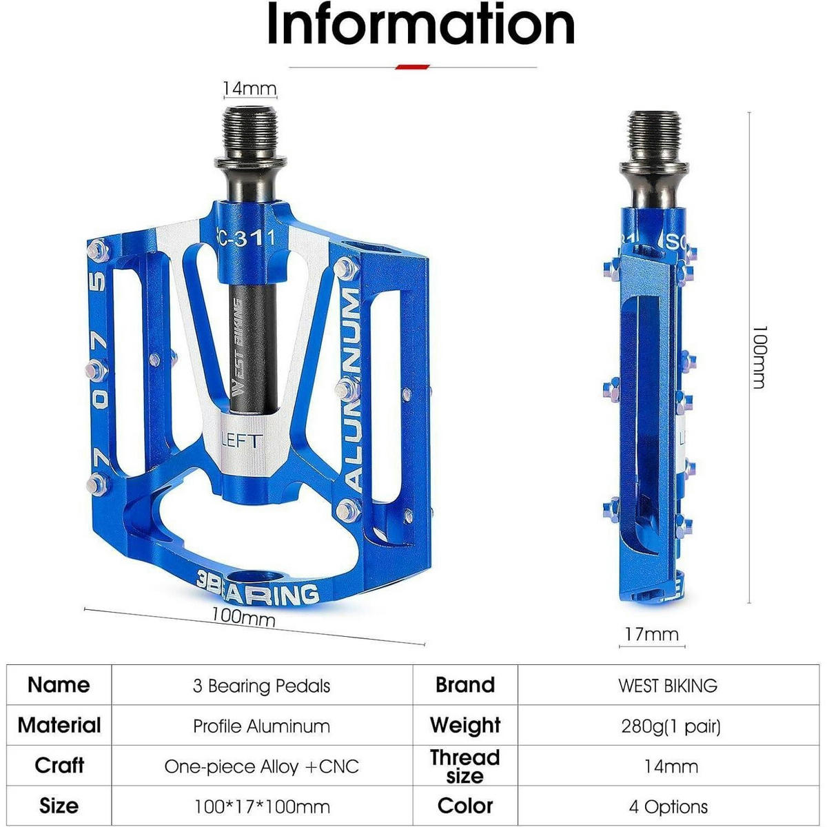 FAHRRADPEDALE Aluminium CNC blau 9/16 Zoll rutschfest 3 Dichtlager - Blau, Metall (10/1.5/10cm)