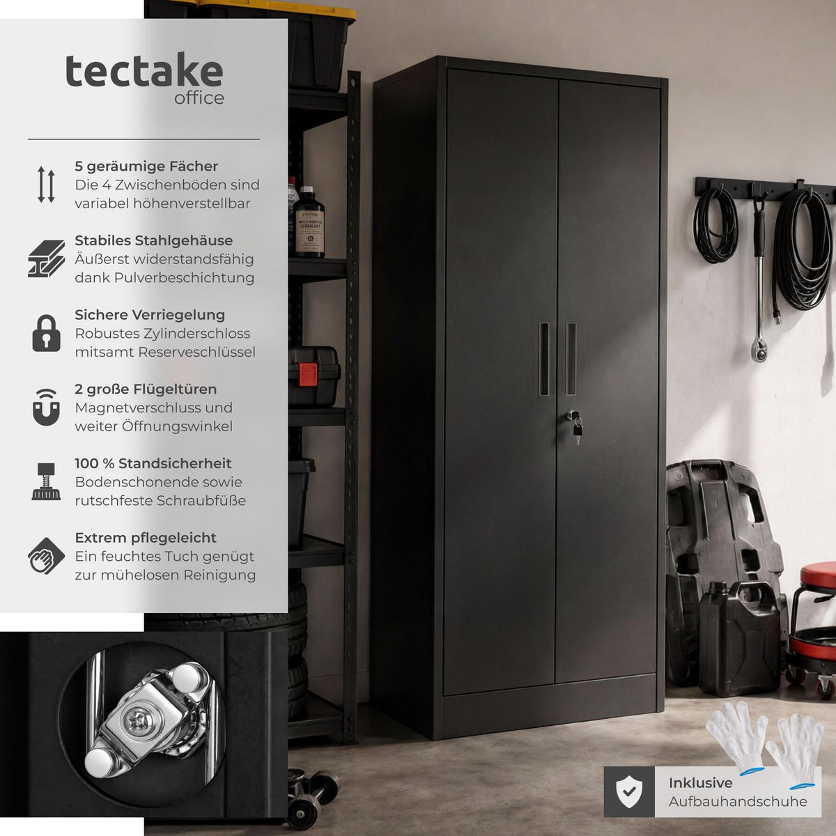AKTENSCHRANK Brandon, Kippschutz, höhenverstellbare Füße, schwarz - Schwarz, Metall (60/180.5/40cm) - tectake