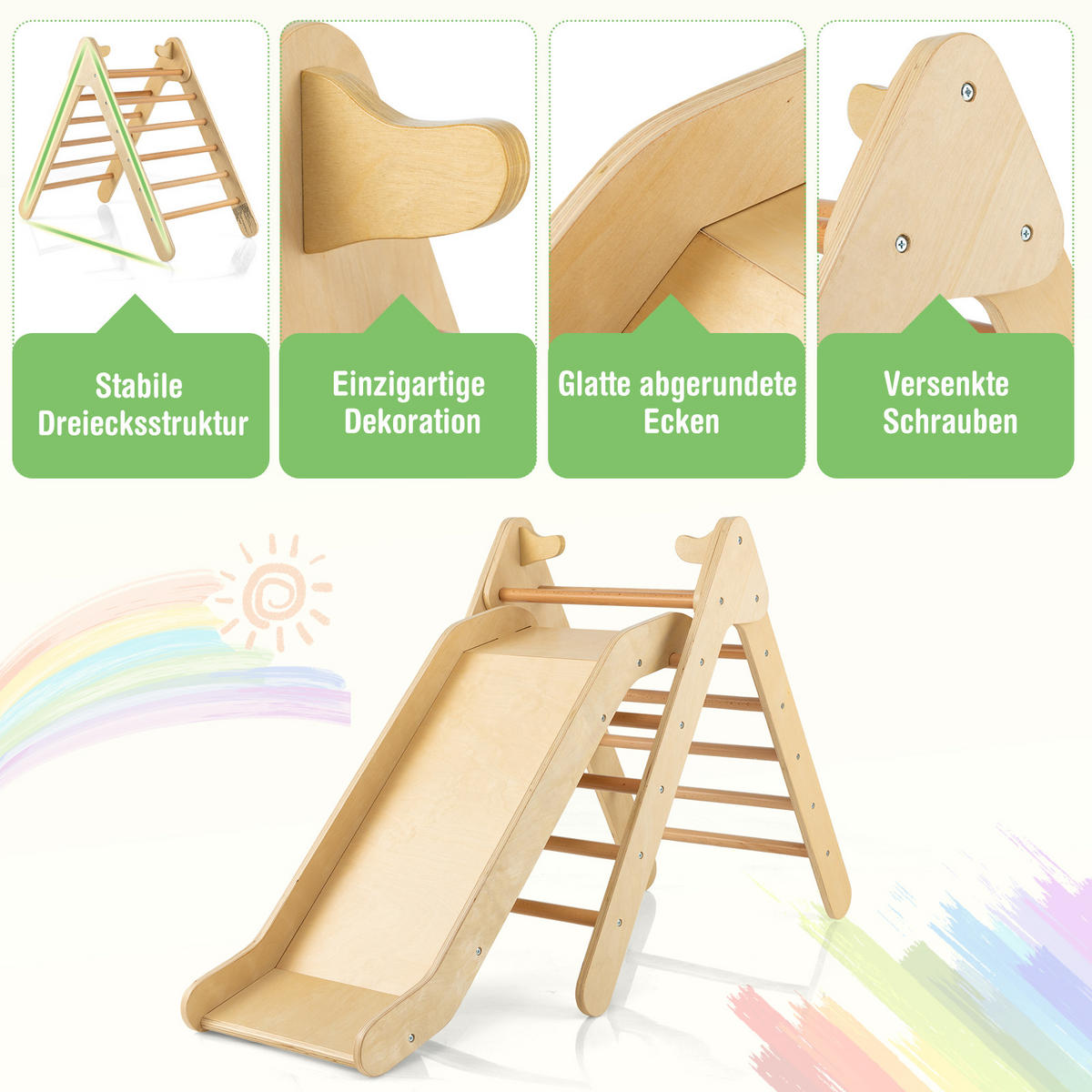 RUTSCHE kletterdreieck Holz - Naturfarben, Holz (87/74/48cm) - COSTWAY