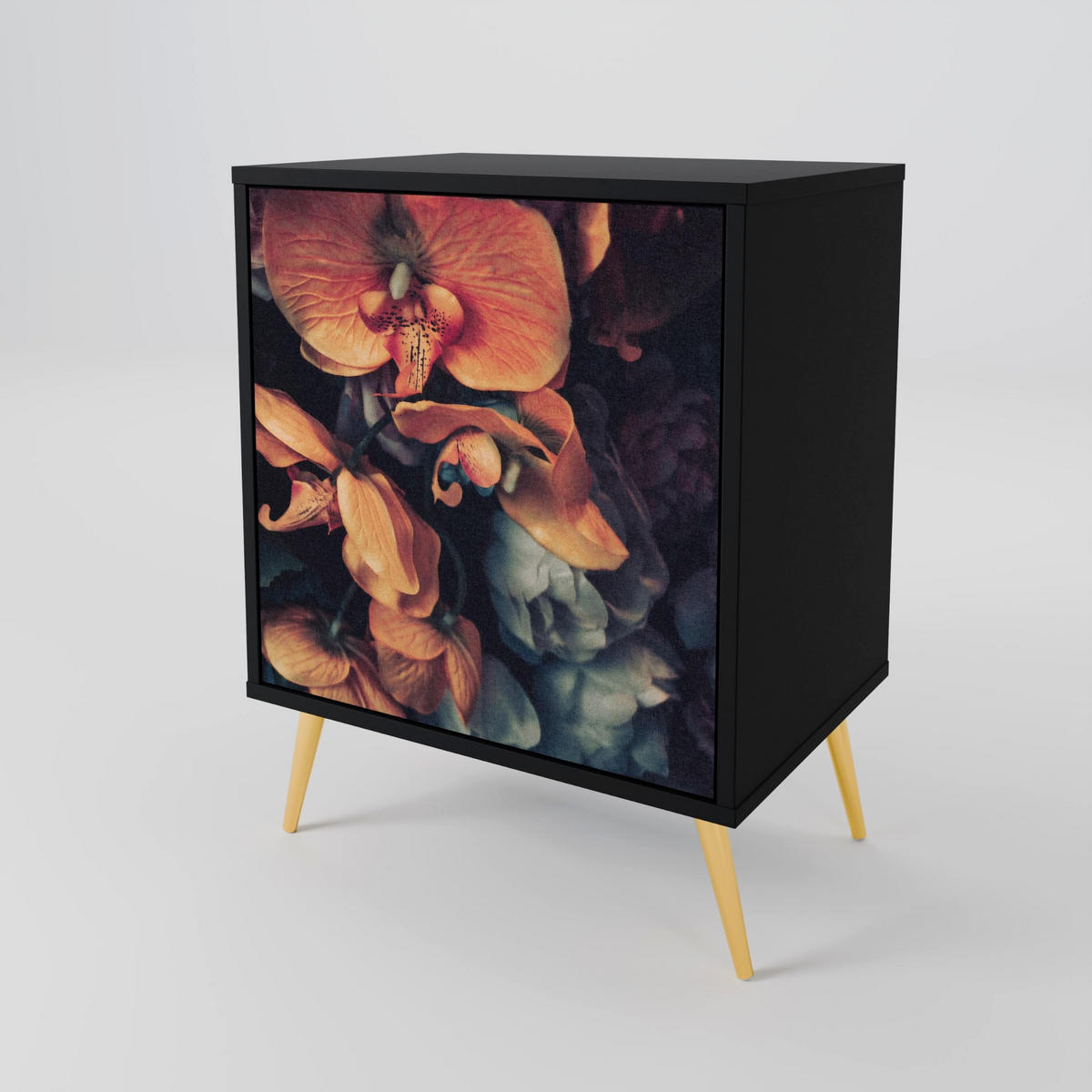 SIDEBOARD NEVERENDING BLOOM, Schwarz, 57,5x42x72,5 cm, Schwarze Metallfüße - Multicolor/Schwarz, Holzwerkstoff/Metall (57.5/72.5/42cm) - SpaceRebels