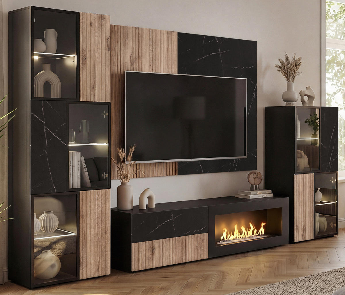 TV-LOWBOARD schwarz, Vicking Eiche, Marmor schwarz 160 x 42 cm, TV Unterteil mit Ethanol Kamin - Eichefarben/Schwarz, Holzwerkstoff/Kunststoff (160/42/45cm) - Inn.Furn