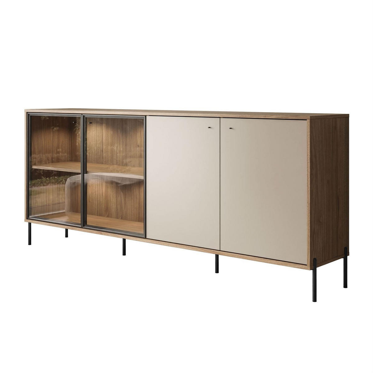 KOMMODE ISA 4D, viertürig mit LED-Beleuchtung auf hohen Beinen. - Eichefarben, Holzwerkstoff (200/85/40cm) - Lookway