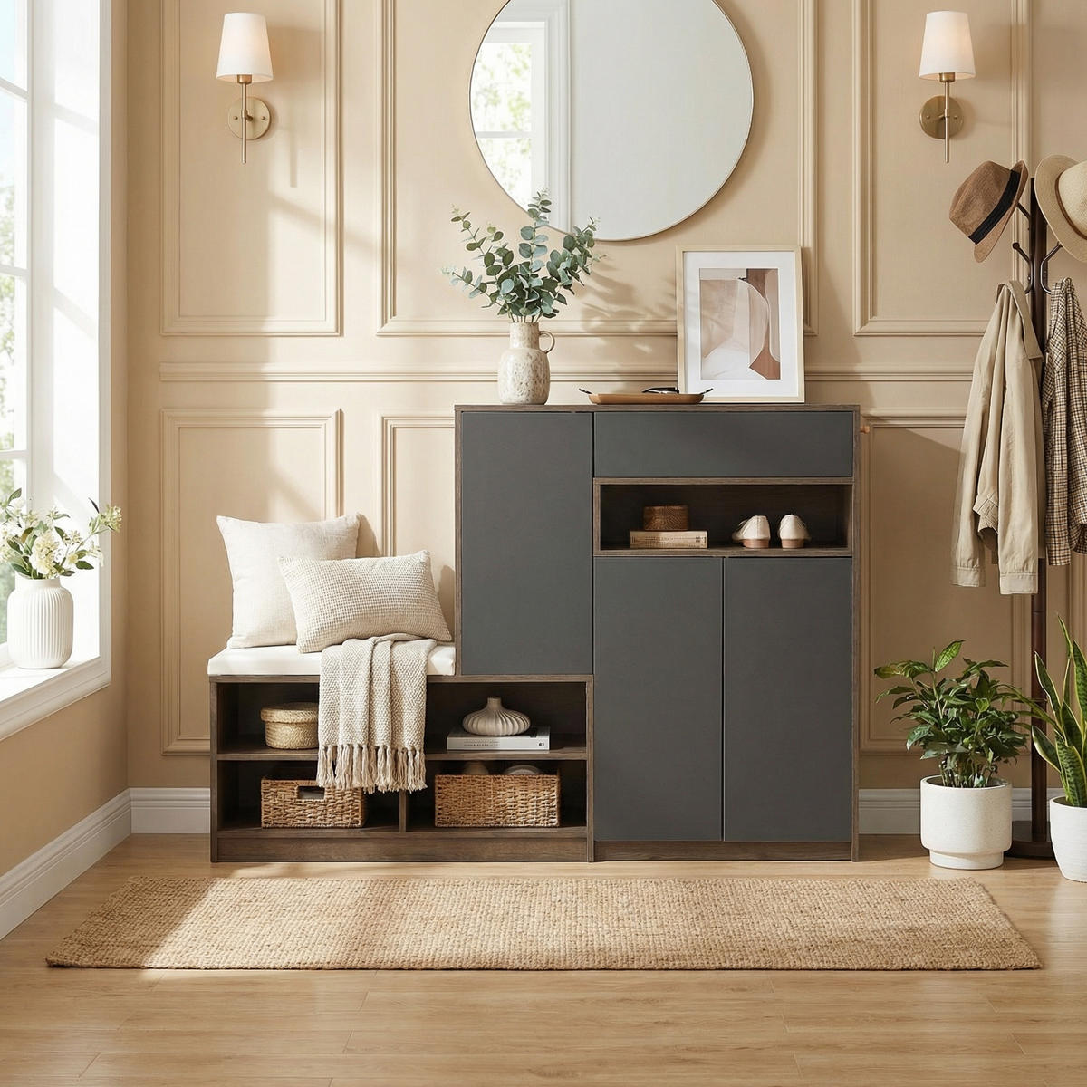 SCHUHSCHRANK in Grau mit Sitzkissen & grifflosen Türen - Grau, Holzwerkstoff (140/110/35cm) - Urban Meuble