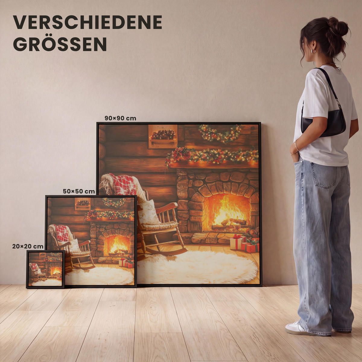LEINWAND Bilder mit Rahmen - Winter - Weihnachten - Zuhause - Kamin - 90x90 - Bernsteinfarben, Textil (90/90cm) - MuchoWow