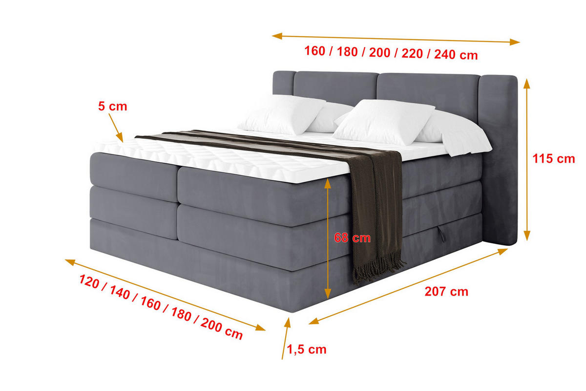 BOXSPRINGBETT mit Matratze H3/H4 - EVON KING - 140x200 cm Dunkelgrau - Dunkelgrau, Holzwerkstoff (140/200cm) - ALTDECOR