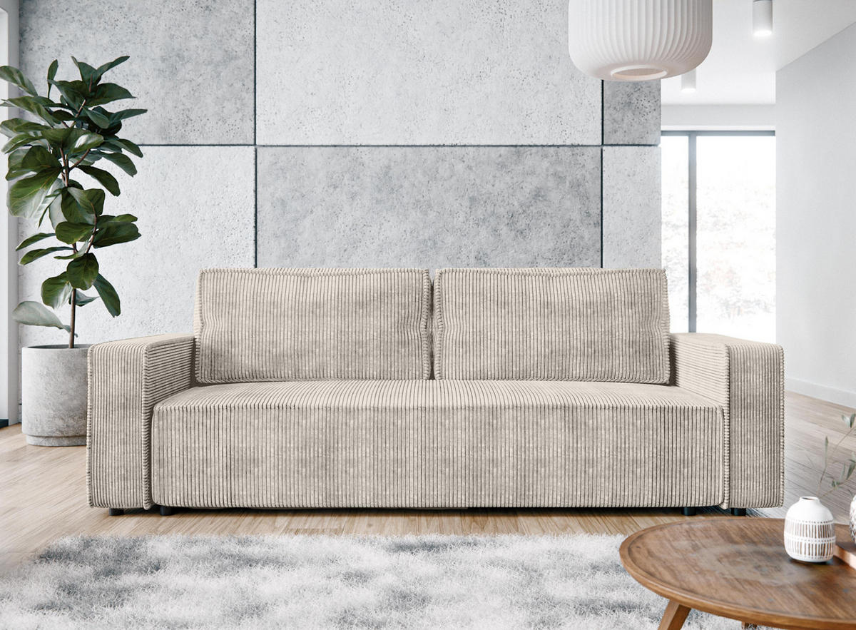 BIGSOFA Aydin Sofa Beige 238/94/85 cm Cord mit Schlaffunktion Bettkasten - Beige/Schwarz, Kunststoff/Textil (238/85/94cm) - AX Living