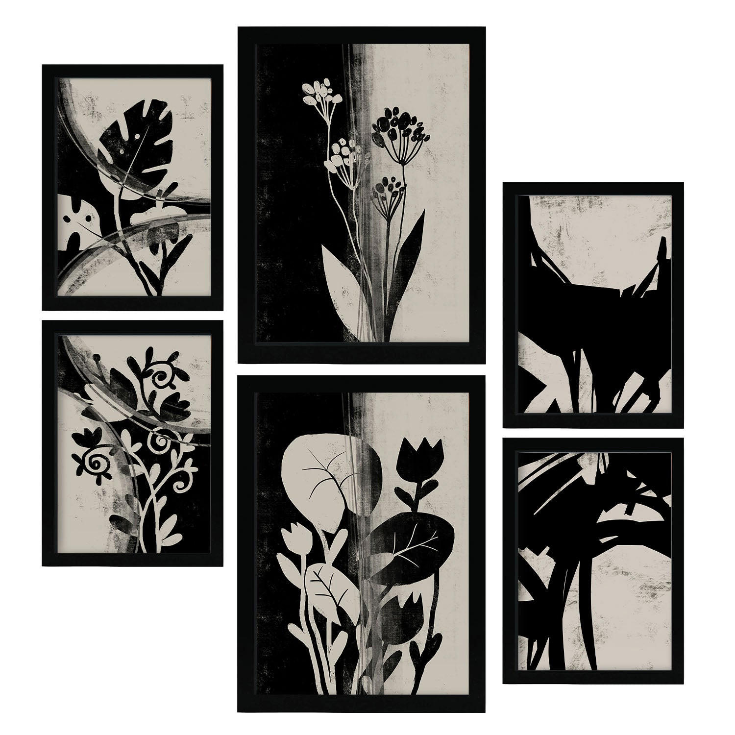 POSTER Set Mit 6 Töne Schorken In Blume Zusammenfassung A3 & A4 Schwarzer Rahmen - Schwarz, Papier (29/3cm) - Nacnic