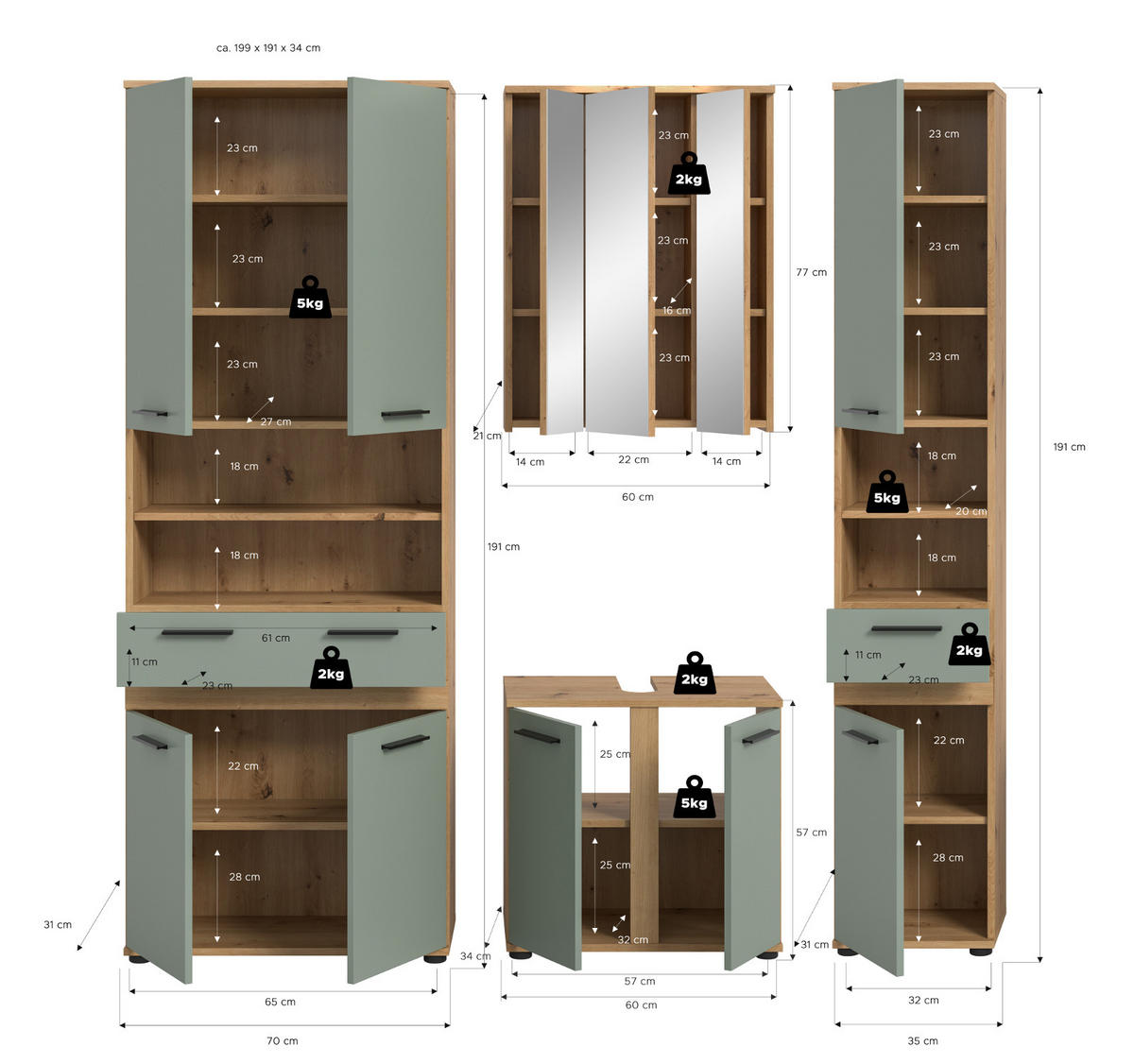 BADMÖBEL-SET 4-teilig Salbei grün, Artisan Eiche 199 cm, Badezimmerschränke mit viel Stauraum - Salbeigrün/Schwarz, Glas/Holzwerkstoff (195/191/34cm) - Inn.Furn