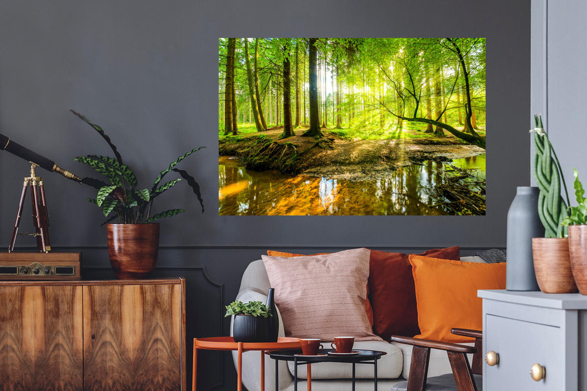WANDTATTOO Wald - Landschaft - Wasser - Bäume - Sonne - Grün - Natur 120x80 cm - Grün, Kunststoff (120/80/0.1cm) - MuchoWow