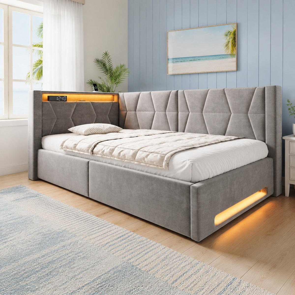 POLSTERBETT 90/200 mit Bettkasten, LED, USB und Type-C in Grau - Grau, Holzwerkstoff/Textil (90/200cm) - EVRYAE