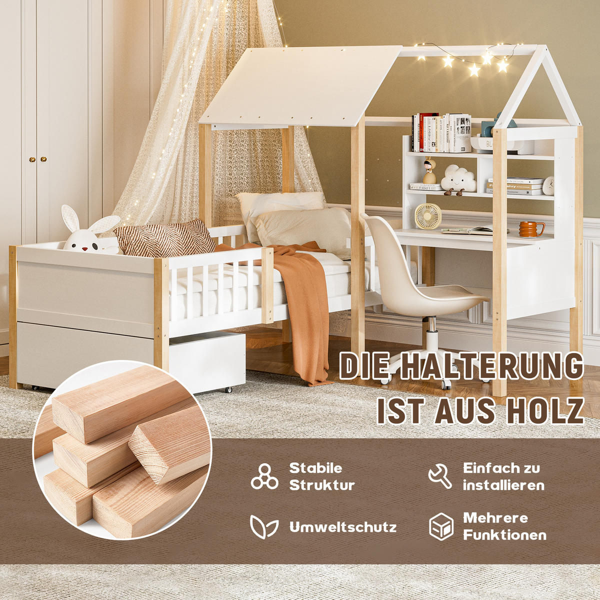 HAUSBETT Kinderbett 90x200 cm Weiß - Weiß, Holz (90/200cm) - ComfortXL