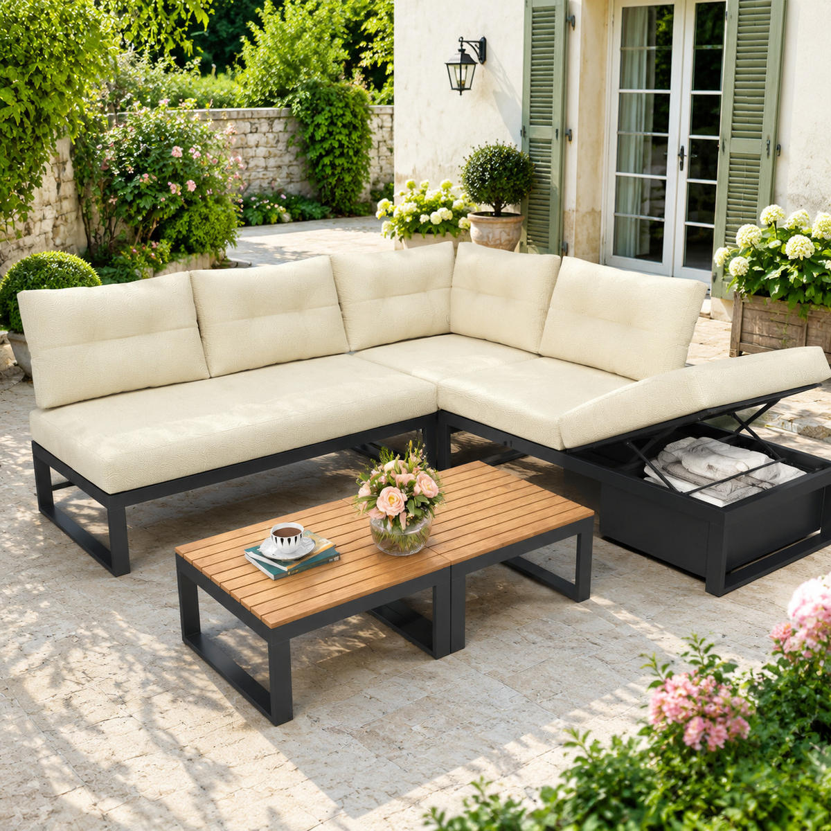 DINING-LOUNGESET Beige L-Shaped mit Tisch - Beige, Textil - Kaket