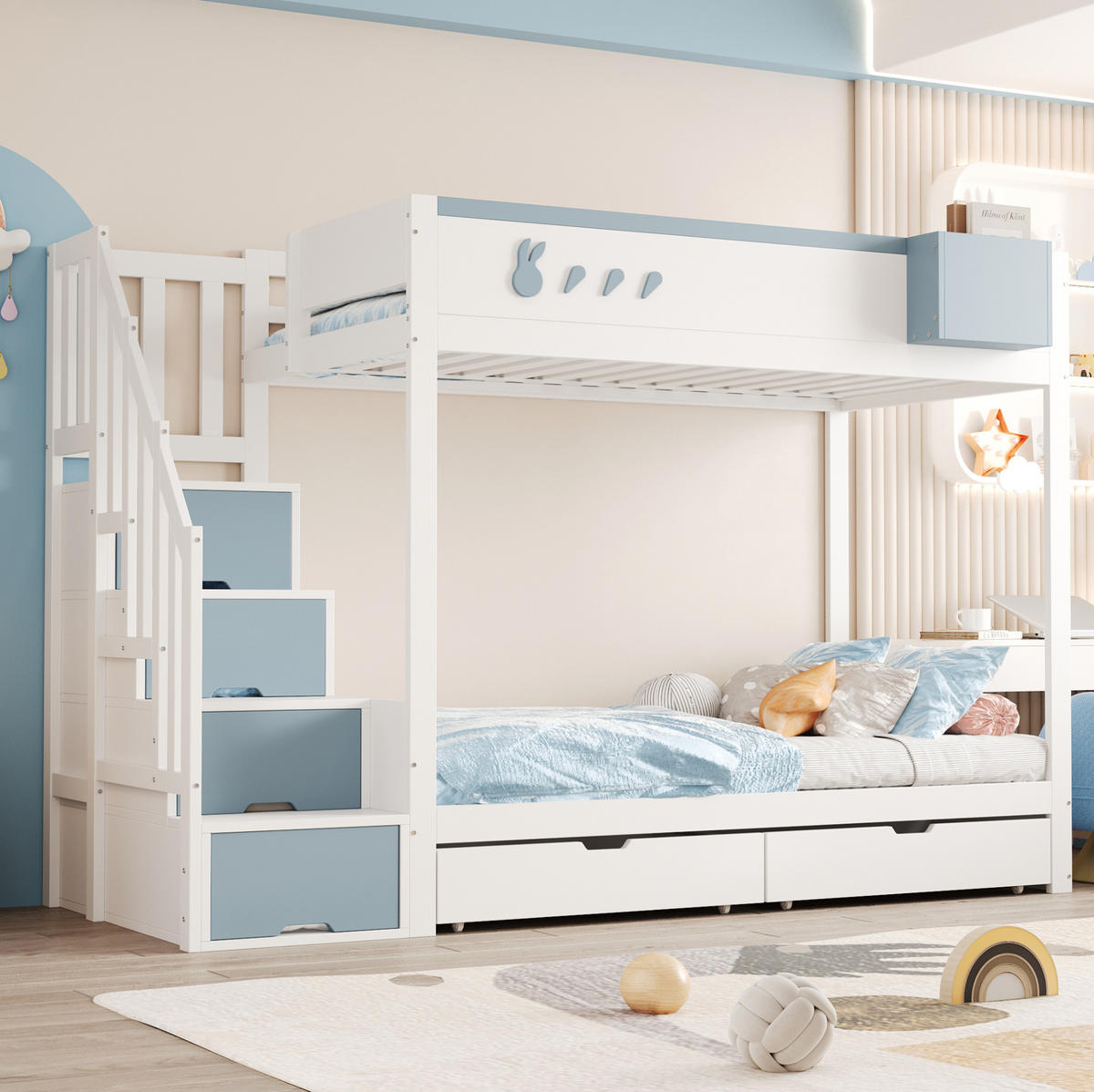 ETAGENBETT 252,5/95/167 cm aus Holzwerkstoff und Kiefer mit Stauraumleiter Weiß/Blau - Weiß, Holz (90/200cm) - Modenvie