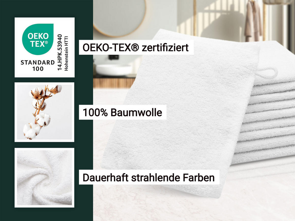 WASCHHANDSCHUH, 10er-Set, 16x21 cm, 100% Baumwolle, Weiß - Weiß, Textil (16/21cm) - Zollner