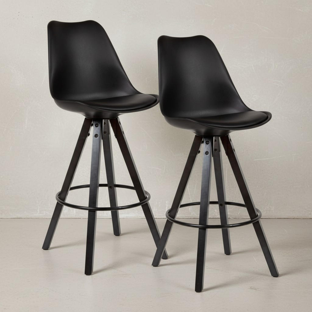 BARHOCKER – Skandinavisch, Kunstleder, Rückenlehne, X-Beine mit Metallring - Schwarz, Holz/Kunststoff (49/113/53cm) - KADIMA DESIGN