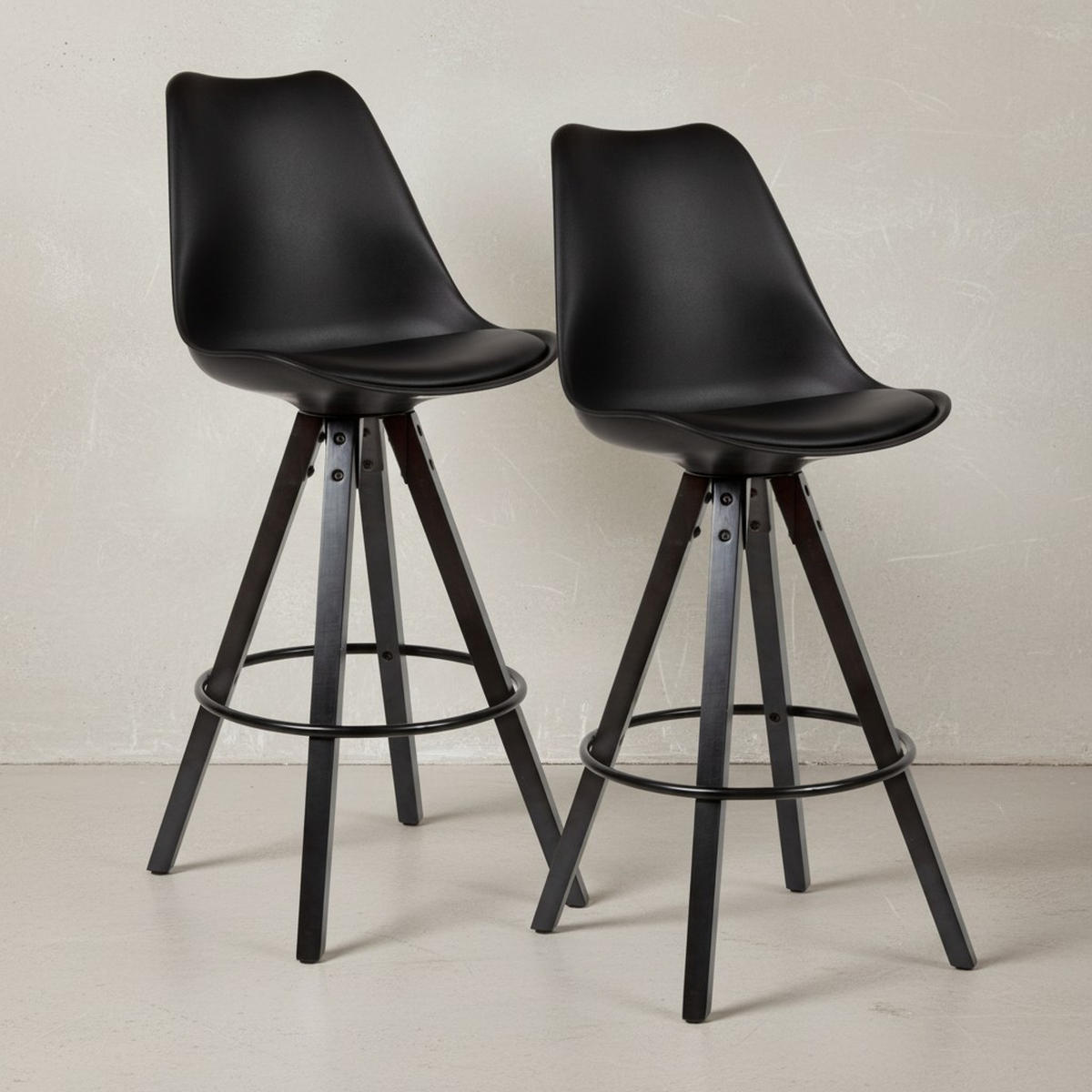BARHOCKER – Skandinavisch, Kunstleder, Rückenlehne, X-Beine mit Metallring - Schwarz, Holz/Kunststoff (49/113/53cm) - KADIMA DESIGN