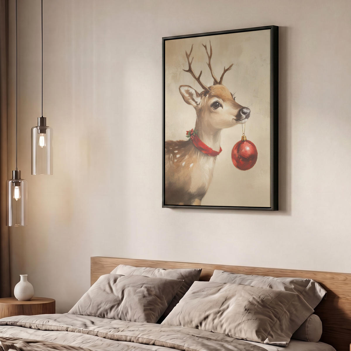 LEINWAND Bilder mit Rahmen - Weihnachten - Hirsch - Geweih - Weihnachtskugel - Rentier - 60x80 - Hellbraun, Textil (60/80cm) - MuchoWow