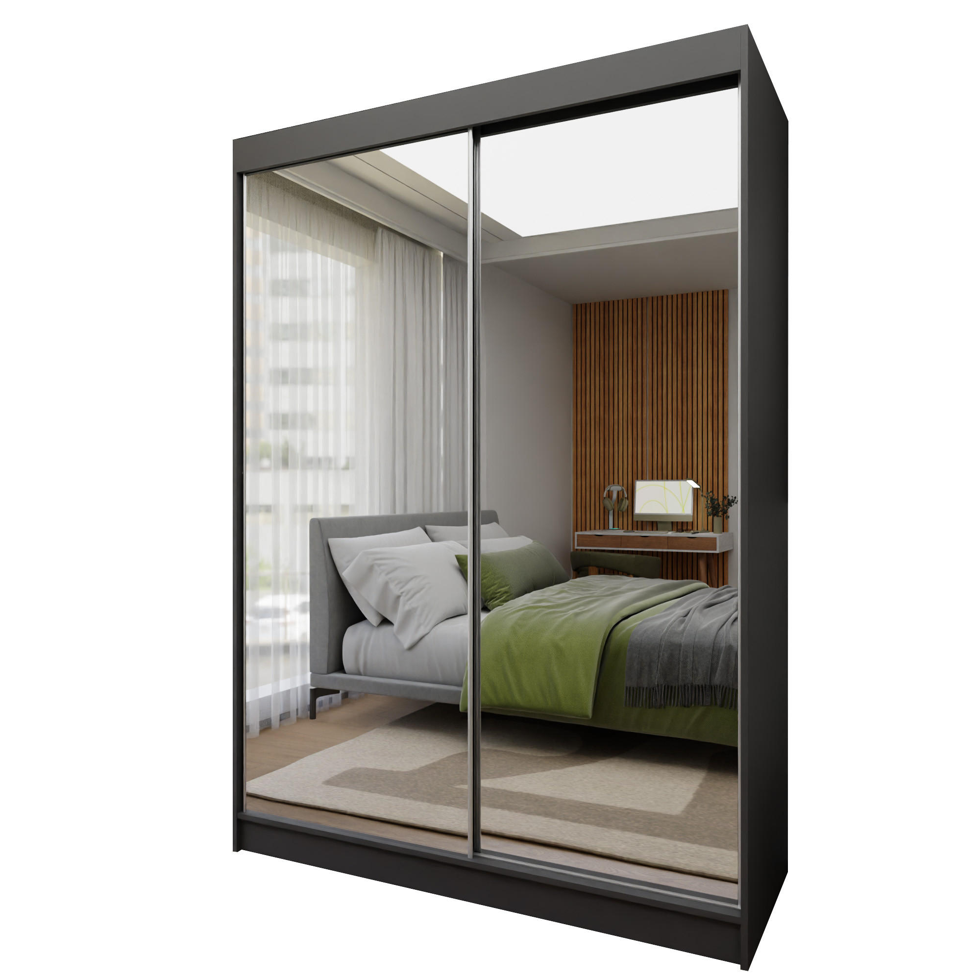 SCHWEBETÜRENSCHRANK BELLINA 160/216/61 cm 2-türig mit Spiegel Grau - Grau, Holzwerkstoff (160/216/61cm) - MASSENO
