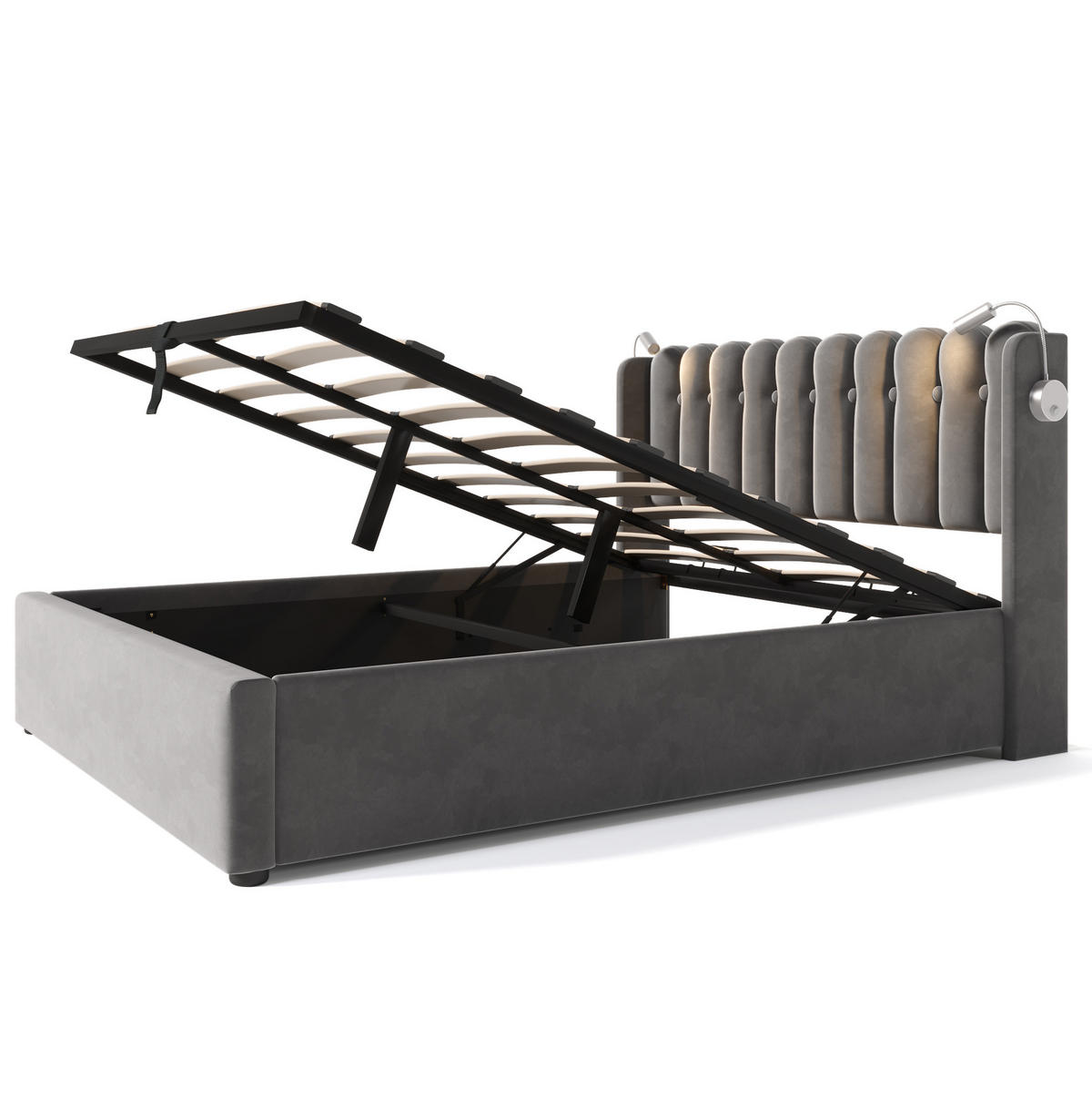 POLSTERBETT 160/200 cm Grau aus Samt mit Stauraum, USB und Leselicht - Grau, Textil (160/200cm) - OKMYHOME