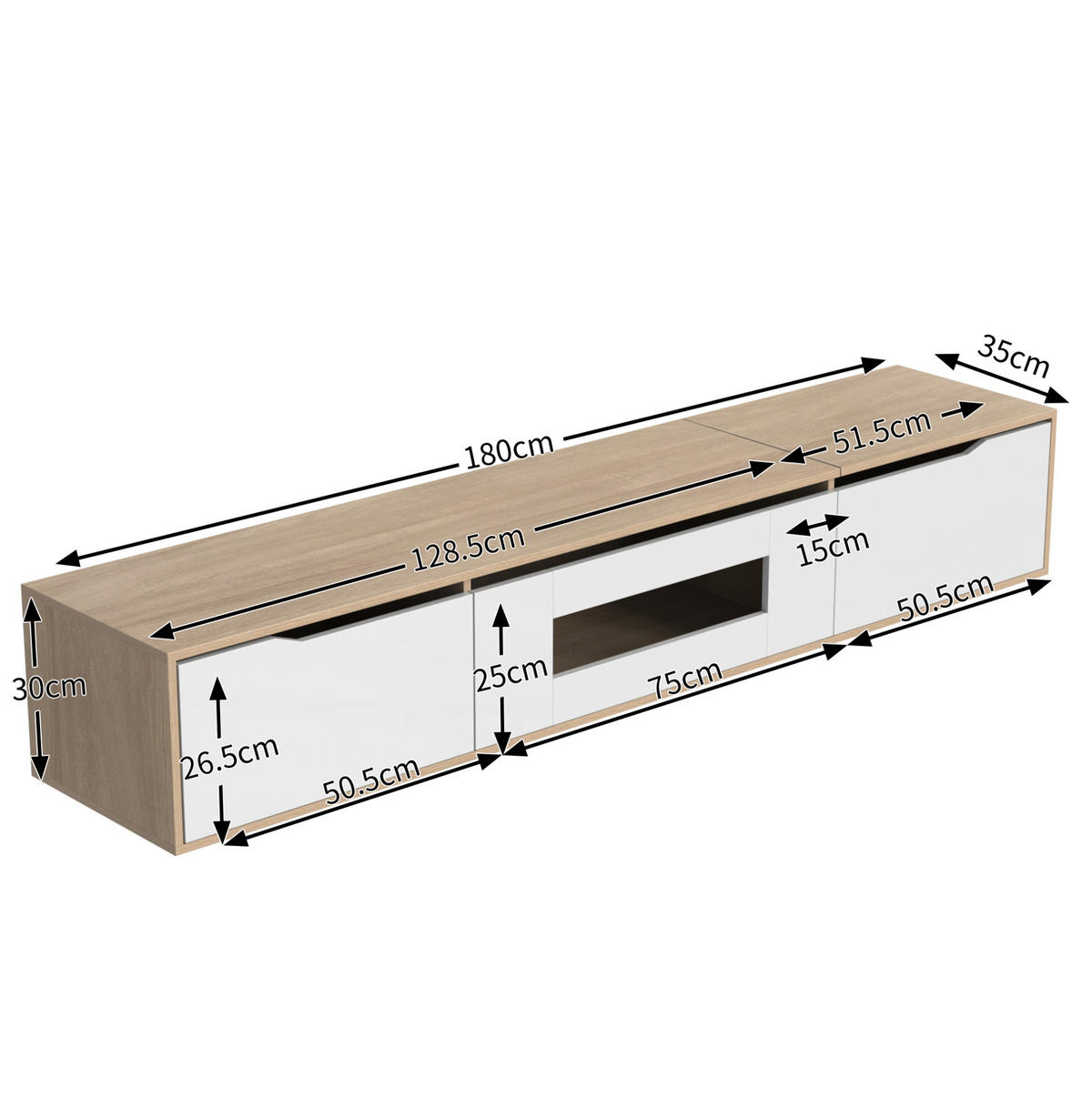LOWBOARD 180/35/30 cm Weiß/Holzfarbe aus Spanplatte mit LED-Beleuchtung - Weiß, Holzwerkstoff (35/30/180cm) - OKMYHOME