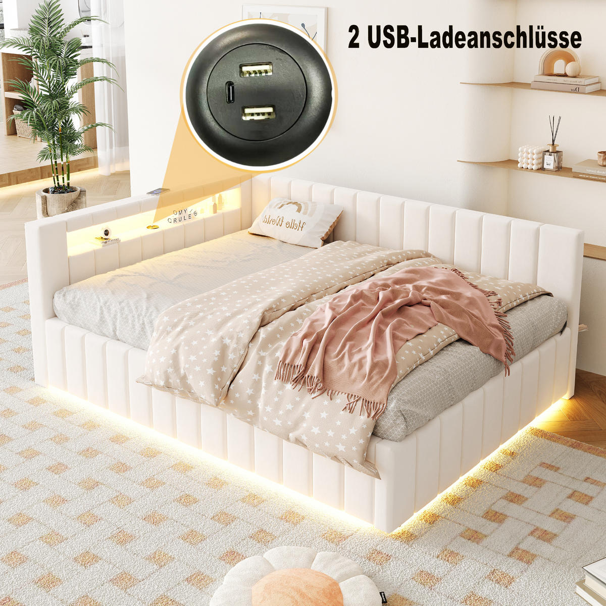 POLSTERBETT 140/200 cm in Beige Samt mit Bettkasten, LED und USB - Beige, Holzwerkstoff/Textil (140/200cm) - WISHDOR