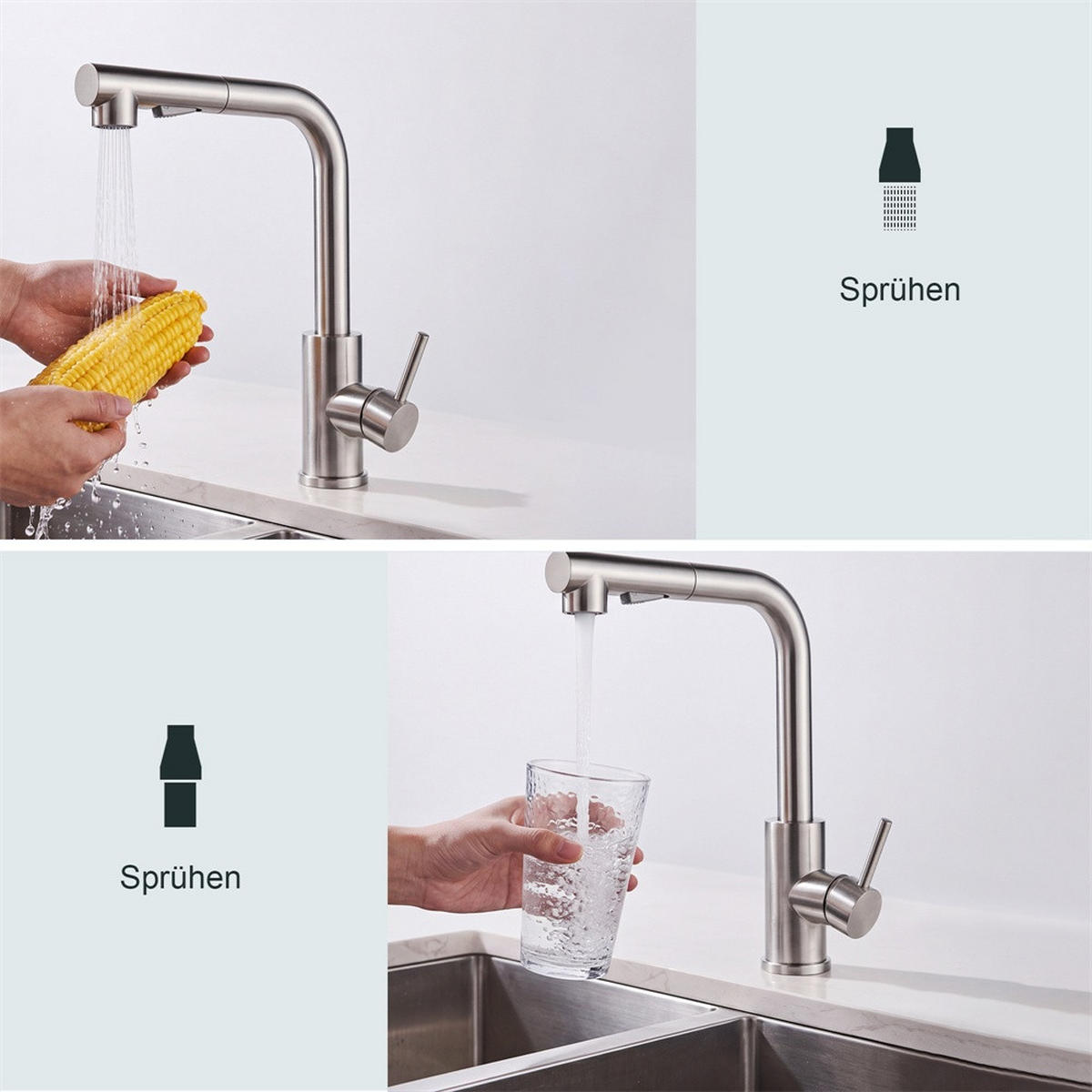 WASCHTISCHARMATUR L-Form ausziehbar Mischbatterie für Kalt - und Warmwasser Edelstahl - Spültischarmatur - Silberfarben, Metall (27.5/31/8.5cm) - DELFA