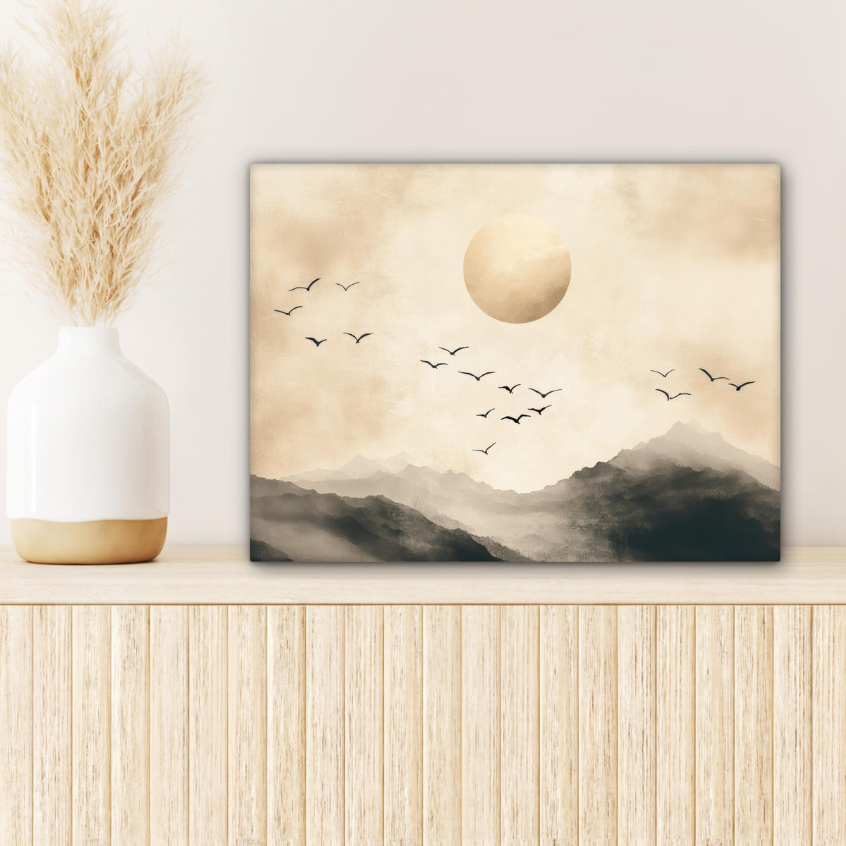 LEINWANDBILD Landschaft - Japandi - Vogel 40x30 cm - Beige, Textil (40/30cm) - MuchoWow