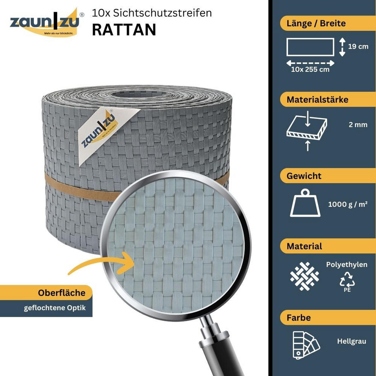 SICHTSCHUTZSTREIFEN Rattan für Doppelstabmatten UV-beständig Hellgrau 10x 2,55m - Hellgrau, Kunststoff (2550/19cm) - ZAUN|ZU