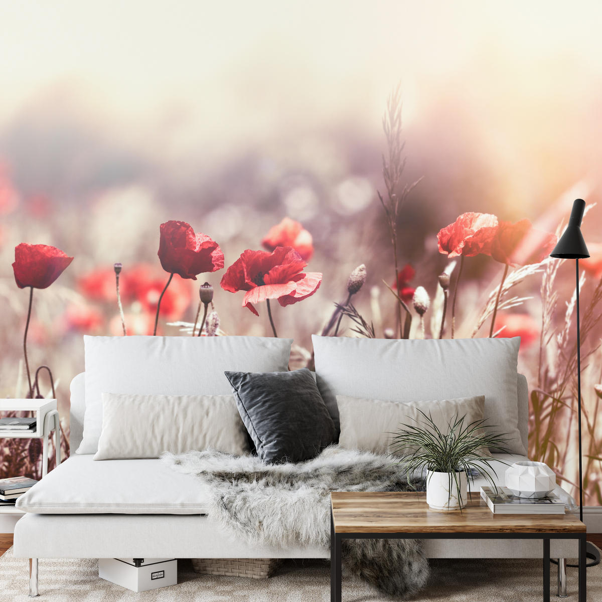 FOTOTAPETA Pre Jedáleň Poľné Kvety Červená Maková Lúka Slnko 500 x 350 cm - oranžová/hnedá, papier (500/350cm) - Muralo