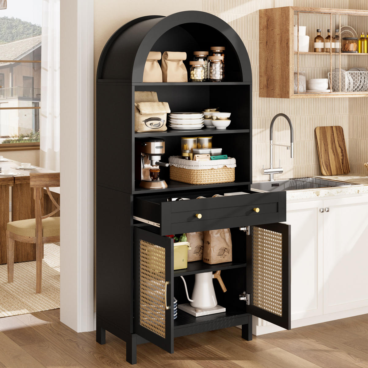 VITRINENSCHRANK in Schwarz und Holzoptik 70x40x170 cm mit 2 Türen und Schublade - Schwarz, Holzwerkstoff (40/170/70cm) - IVMEU