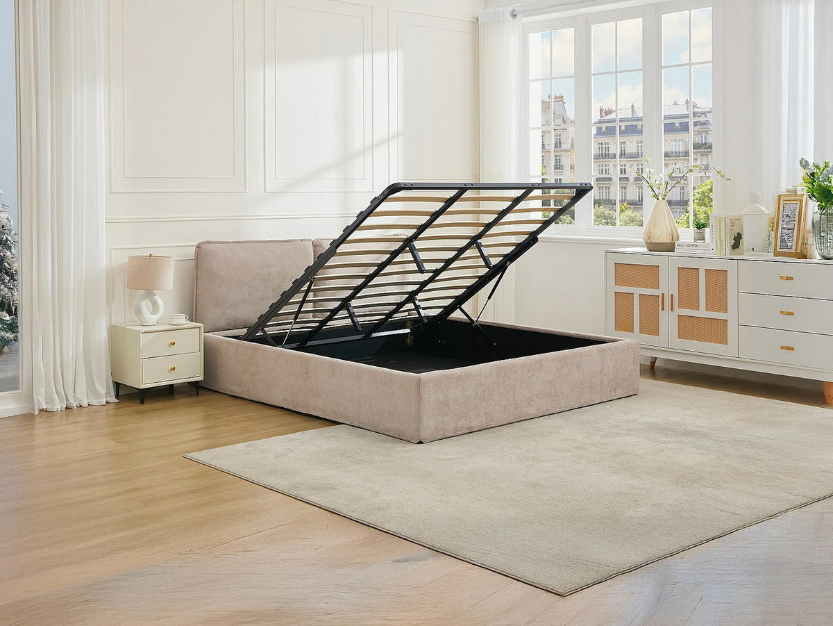 BETT mit Bettkasten - 2 Personen - Stoff - Beige - Beige, Textil (180/200cm) - Vente-Unique