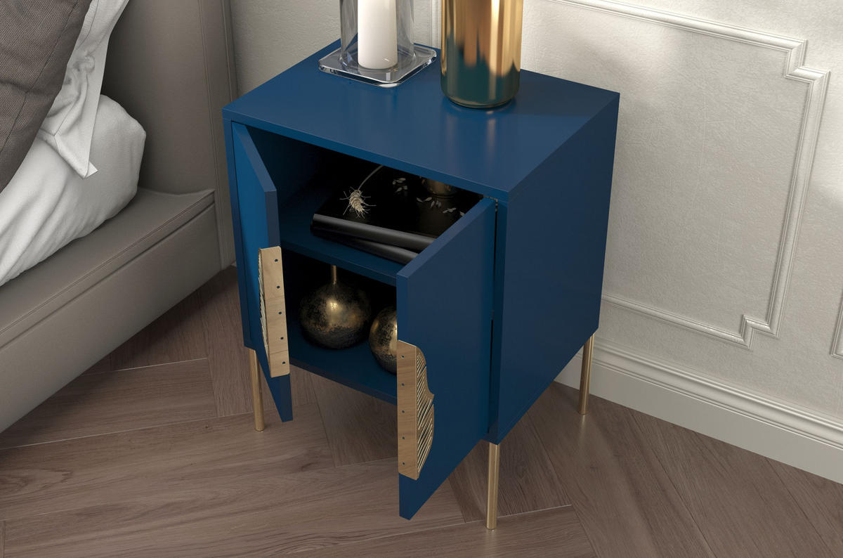 NACHTTISCH Merlin, Marinblau, Goldene Details - Goldfarben/Dunkelblau, Holzwerkstoff/Metall (54/69/40cm) - Skandica