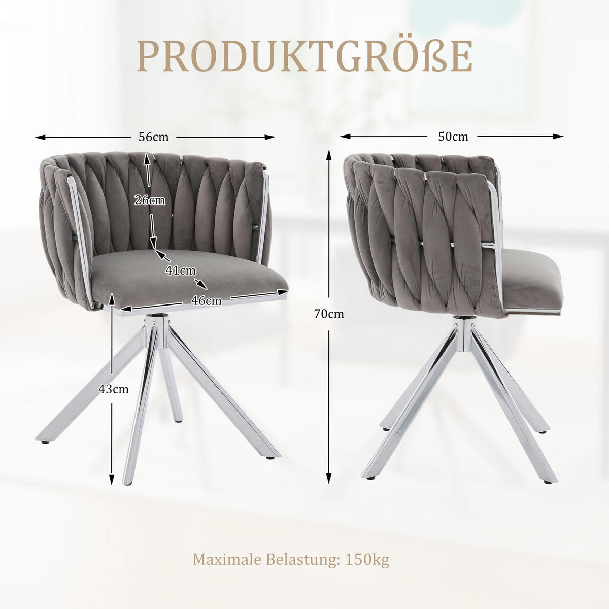 ARMLEHNSTUHL(SET à 2 Stück) mit Metallgestell - ergonomische Rückenlehne und 180° Schwenkfunktion - Hellgrau - Hellgrau, Textil/Metall (50/70/56cm) - KOMHTOM