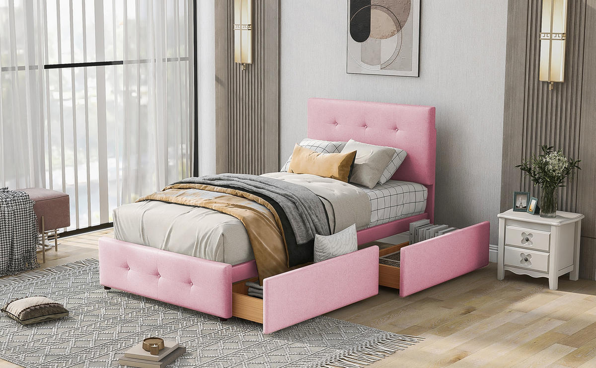 POLSTERBETT 90x200 cm Schubladen Samt rosa - Rosa, Textil (90/200cm) - Fortuna Lai
