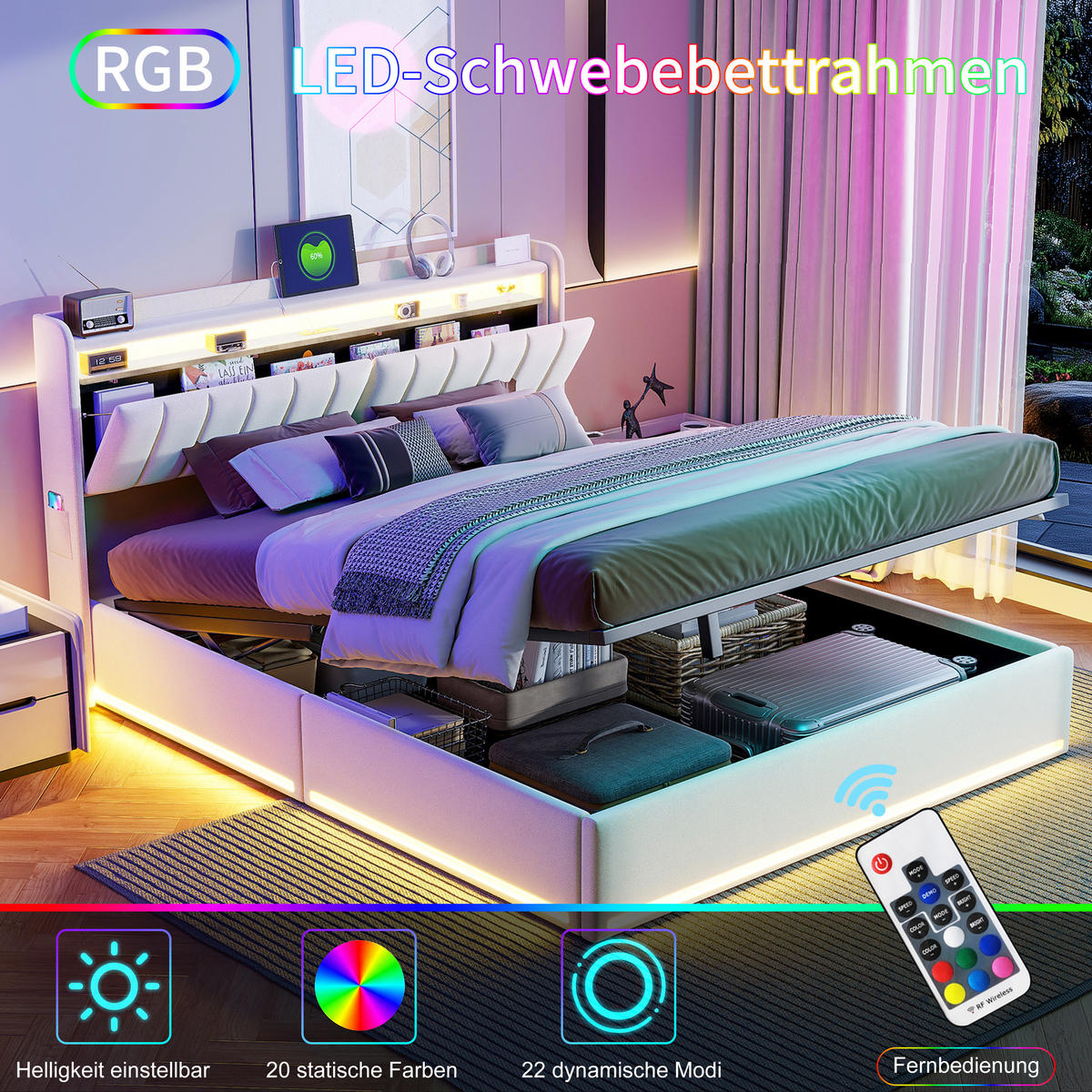 STAURAUMBETT 140x200 cm, LED und USB, Kopfteil mit Stauraum, Samtstoff in Beige - Beige, Holz/Textil (140/200cm) - BRILVERDE