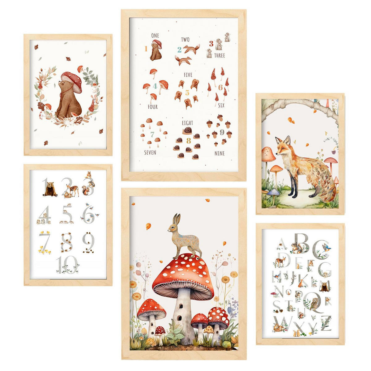 POSTER Set Mit 6 Zahlen & Buchstaben A3 & A4 Rahmen Aus Hellem Holz - Beige, Papier (29/3cm) - Nacnic