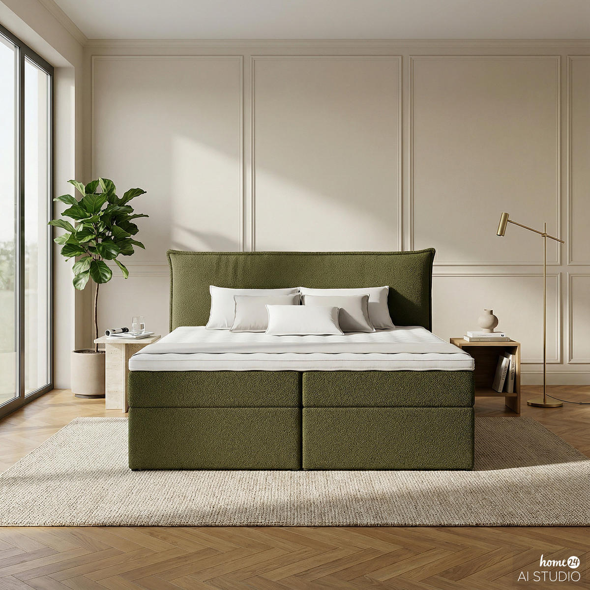 BOXBETT mit Stauraum - Bouclé - Olivgrün, Holzwerkstoff/Textil (200/200cm) - home24