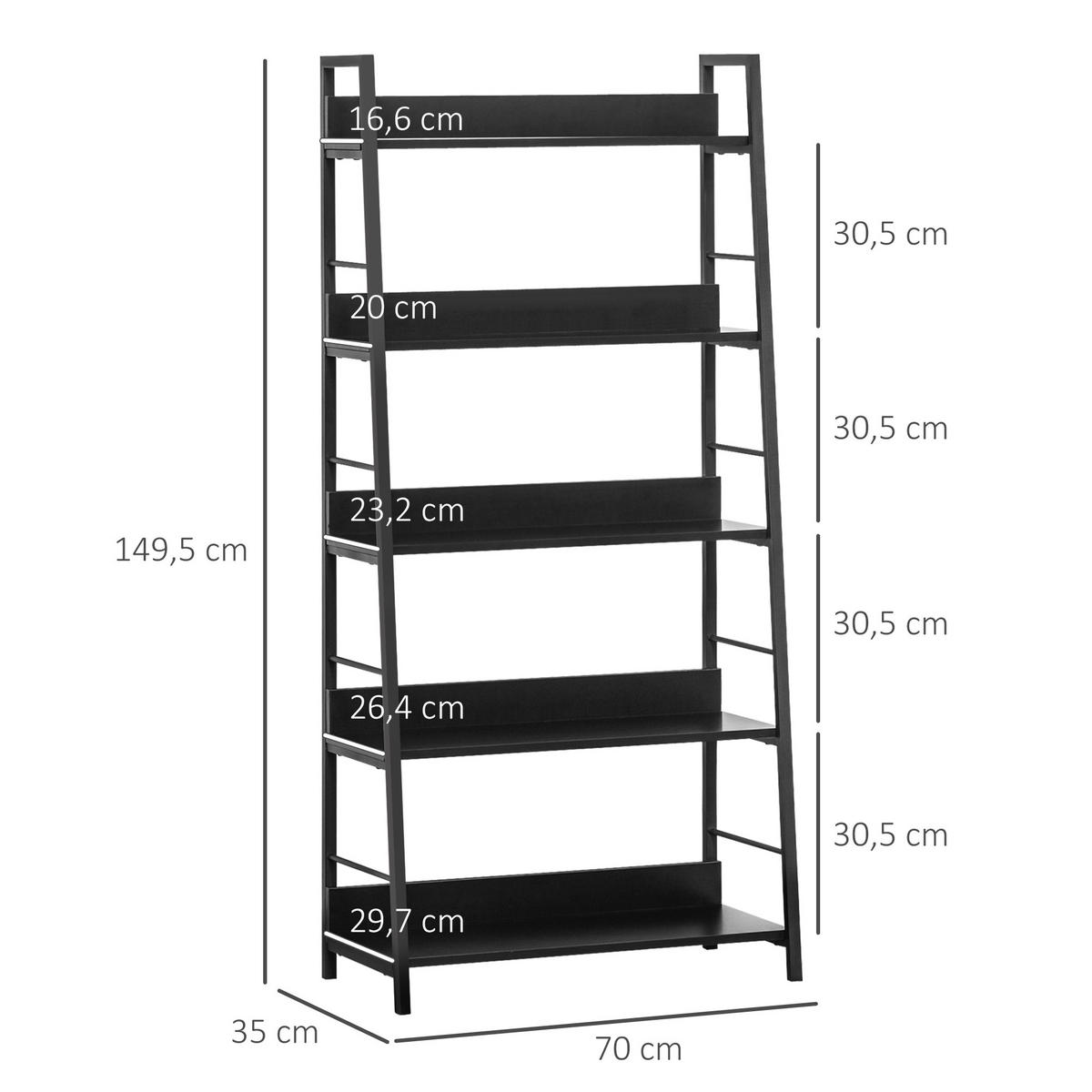 BÜCHERREGAL,GENEIGT 5 Niveaux 70x35x150cm,schwarz - Schwarz, Holzwerkstoff (70/150/35cm) - Vallsero