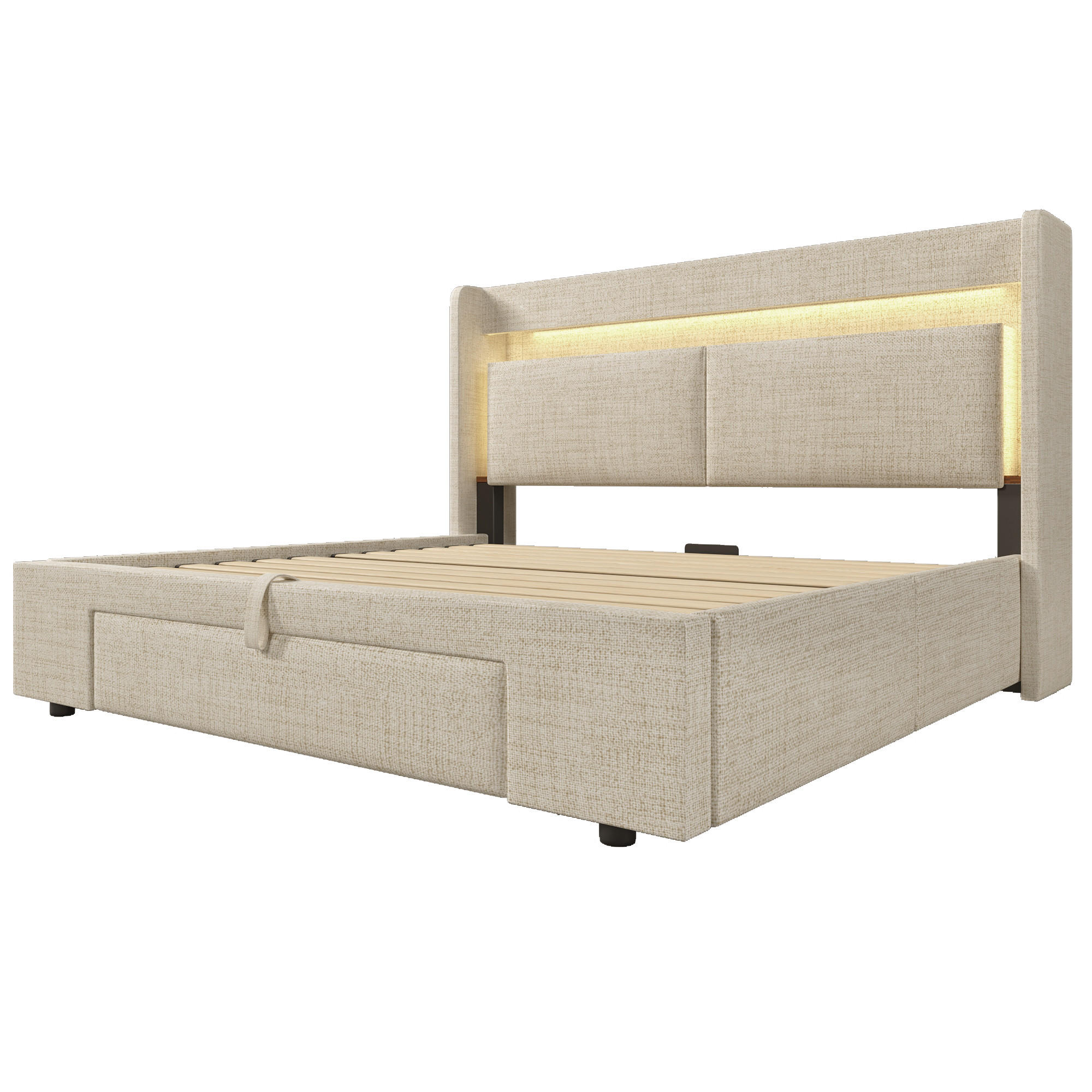 POLSTERBETT aus Leinen 160x200 cm in Beige mit LED & USB/USB-C & Stauraum - Beige, Textil (160/200cm) - Modfu