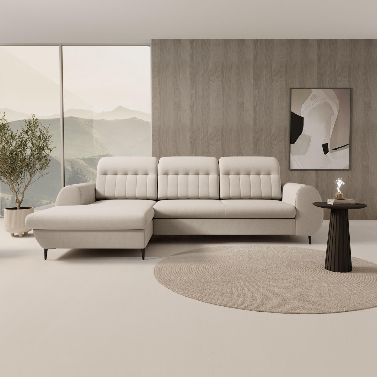 ECKSOFA PURO L-S Beige Plüsch-Stoff mit Schlaffunktion - Beige, Holz (275/166cm) - MASSENO